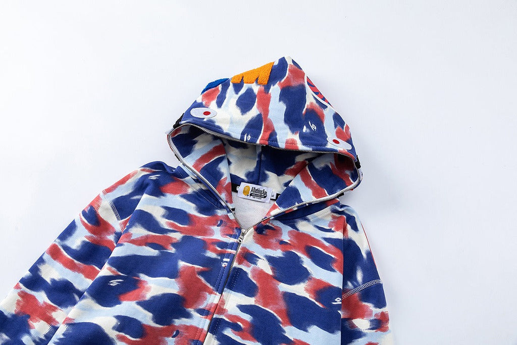 BAPE Shark Full Zip Camo Hoodie (Blue, Red & White Multi-Camo)